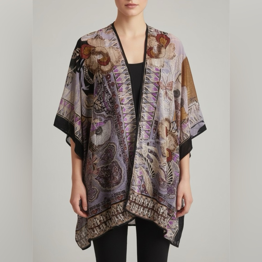 Chicos Burn-out‎ Velvet Kimono O/S Abstract Floral Colorful Boho Art To Wear